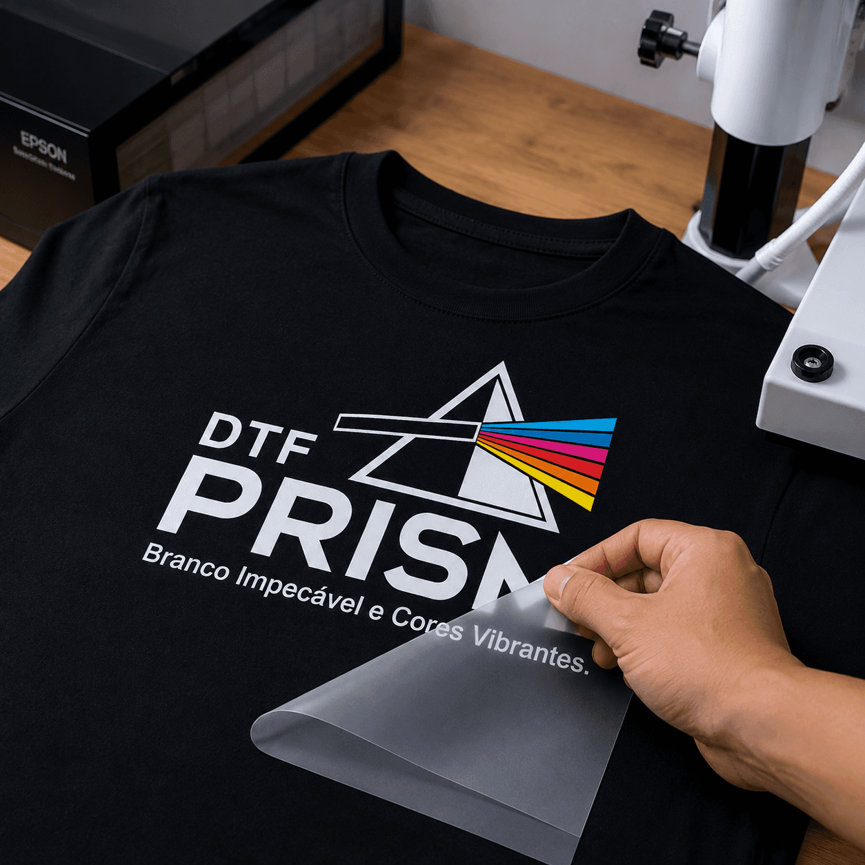 Aplicação de uma estampa DTF PRISMA em uma camiseta preta